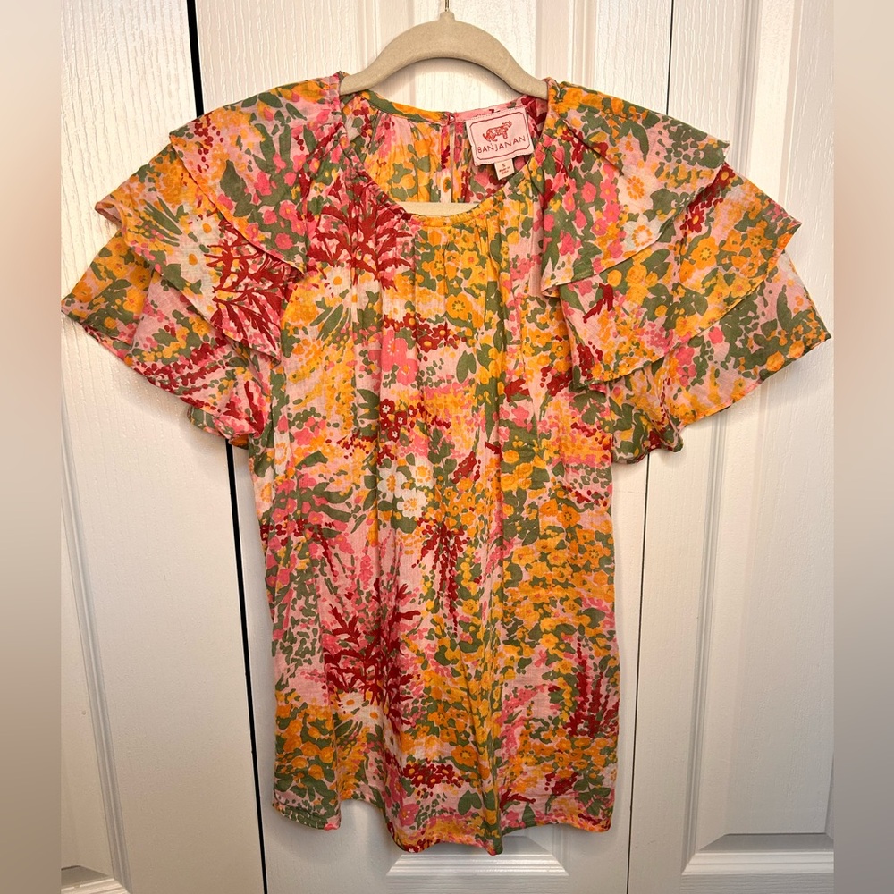 Anthropologie Banjanan Boho Floral‎ Cotton Flutter Sleeve Blouse Size S Keyhole